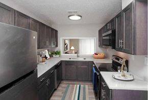 Indianapolis apartment for rent - Kitchen with stainless steel appliances and dark wooden cabinets. 