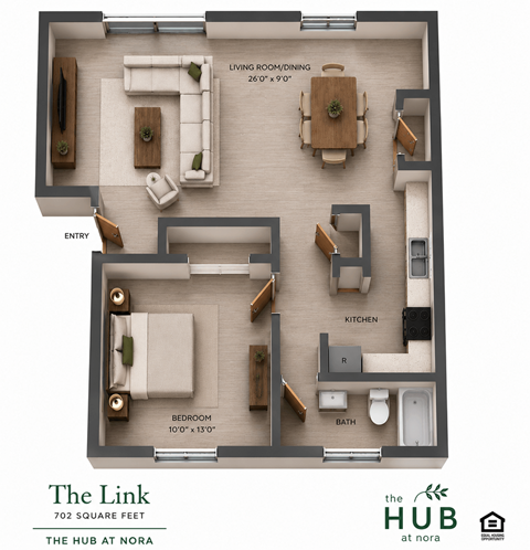 Floor plan for 1 bed, 1 bath, 702 sqft