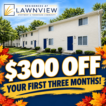 Indianapolis townhouse for rent - A promotional image for Residences at Lawnview offering $300 off for the first three months.