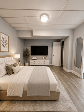 Indianapolis apartment for rent - A bedroom with a large bed and a television in the corner.