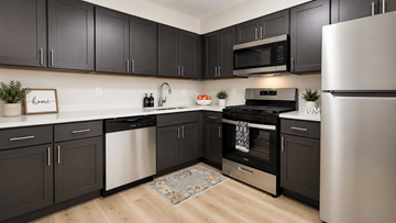Indianapolis apartment for rent - A modern kitchen with black cabinets and stainless steel appliances.