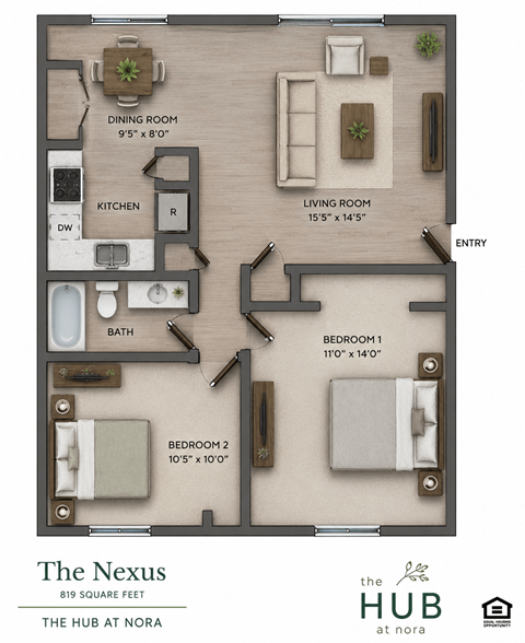 Floor plan for 2 beds, 1 bath, 819 sqft