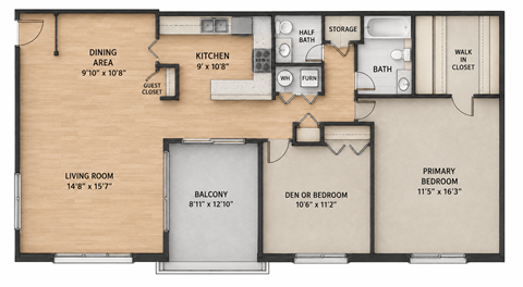 Floor plan for 2 beds, 1.5 baths, 1220 sqft