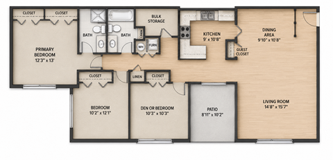 Floor plan for 3 beds, 2 baths, 1340 sqft