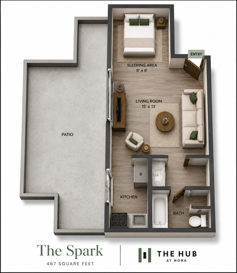 Floor plan for studio, 1 bath, 467 sqft