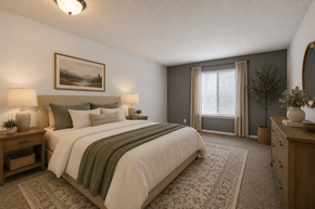 New Albany apartment for rent - A bedroom with a large bed, a nightstand with a lamp, a painting on the wall, and a window with curtains.