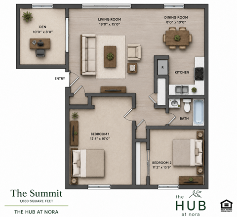 Floor plan for 2 beds, 1 bath, 1080 sqft