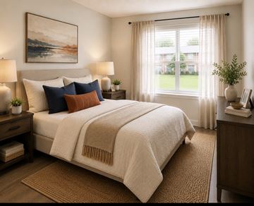 Jacksonville apartment for rent - A bedroom with a large bed and a painting on the wall.