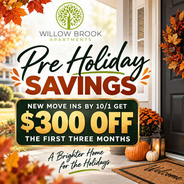 Indianapolis triplex for rent - A fall-themed advertisement for Willow Brook Apartments offering $300 off for new move-ins by October 1st.