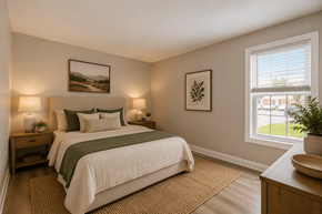 Indianapolis apartment for rent - A bedroom with a large bed and a window overlooking a green area.