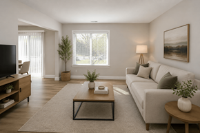 Indianapolis apartment for rent - A living room with a grey couch, a coffee table, a television, and a plant.