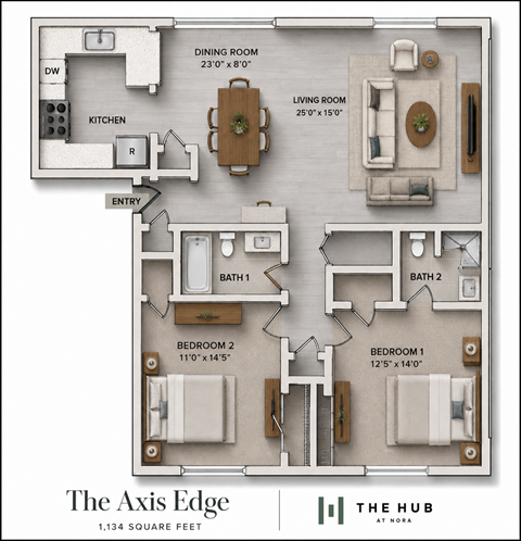 Floor plan for 2 beds, 2 baths, 1134 sqft