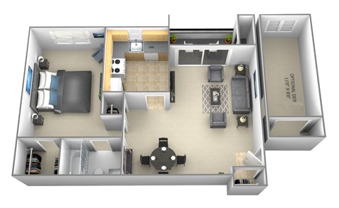 Floor plan for 1 bed, 1 bath, 642 sqft