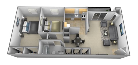 Floor plan for 2 beds, 1 bath, 894 sqft