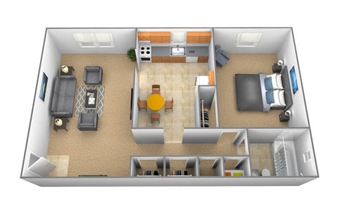Floor plan for 1 bed, 1 bath, 700 sqft