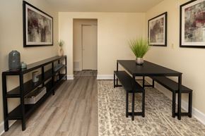 Essex apartment for rent - A black table with a plant on it sits in the middle of a room with a wooden floor and a carpet.at Hyde Park Apartments*, Maryland