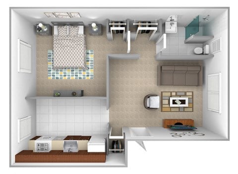 Floor plan for 1 bed, 1 bath, 400 sqft