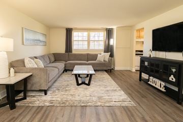Essex apartment for rent - A living room with a grey couch and a coffee table.