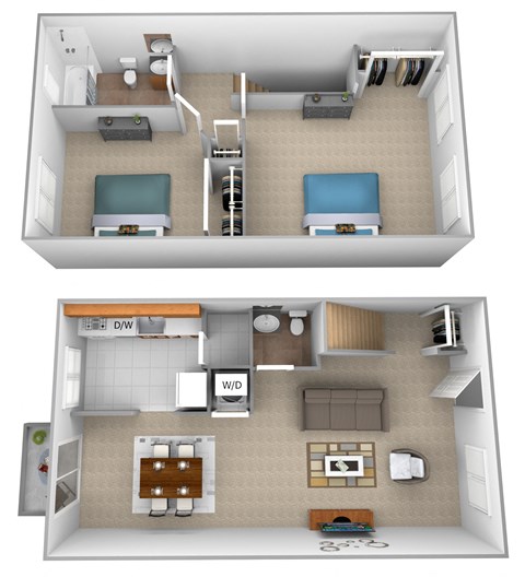 Floor plan for 2 beds, 1.5 baths, 746 sqft