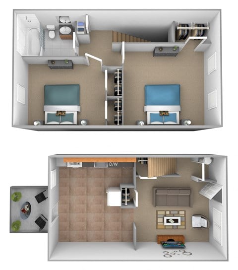 Floor plan for 2 beds, 1 bath, 952 sqft