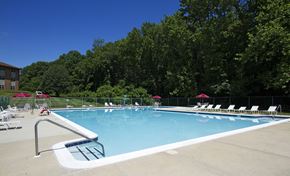 Abingdon apartment for rent - A large swimming pool surrounded by trees and chairs at Woodsdale Apartments, Maryland