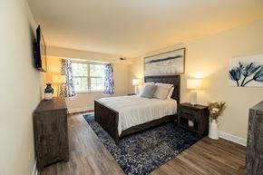 Randallstown apartment for rent - Primary bedroom with a queen bed, dresser, and window at Woodridge Apartments, Randallstown, 21133