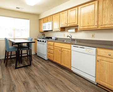 Baltimore apartment for rent - A kitchen with wooden cabinets and a white dishwasher.