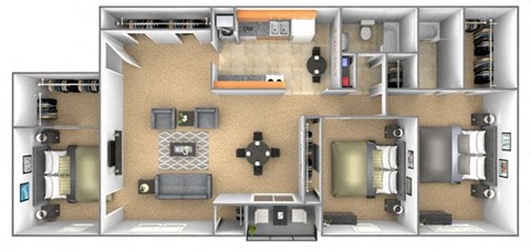 Floor plan for 3 beds, 2 baths, 1514 sqft