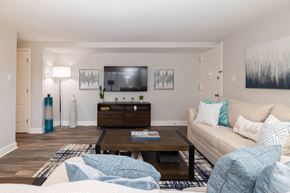 Baltimore apartment for rent - A living room with a couch and a coffee table at Fairbrook Park, Maryland