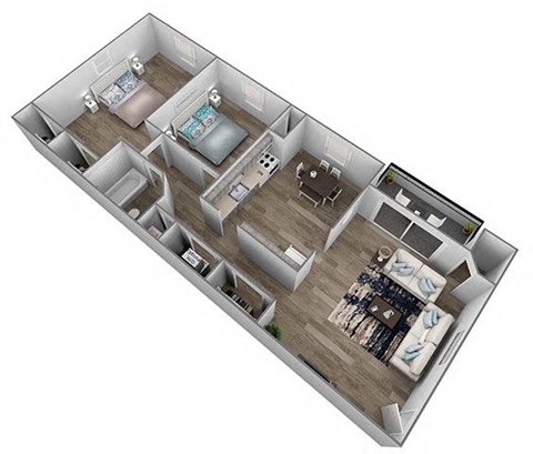 Floor plan for 2 beds, 1 bath, 894 sqft