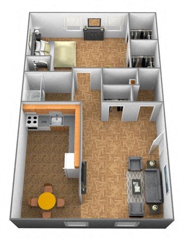 Floor plan for 1 bed, 1 bath, 742 sqft