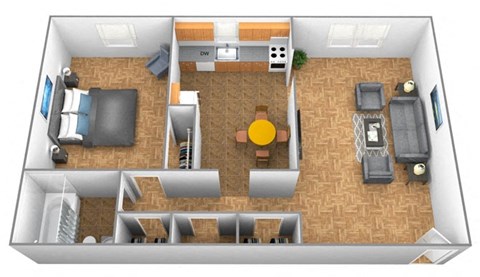 Floor plan for 1 bed, 1 bath, 755 sqft