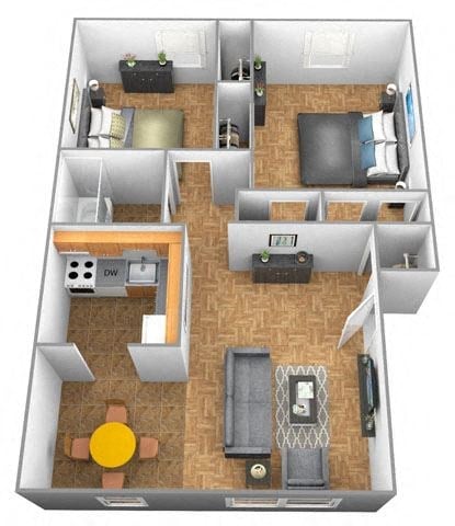 Floor plan for 2 beds, 1 bath, 874 sqft
