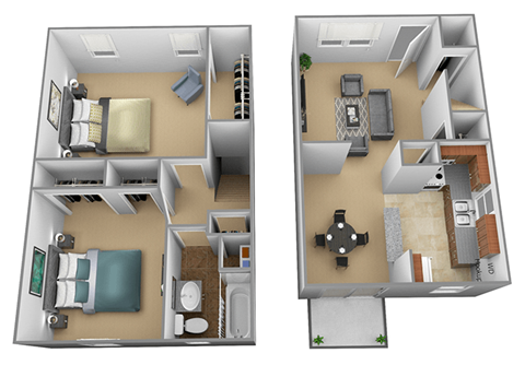 Floor plan for 2 beds, 1 bath, 855 sqft