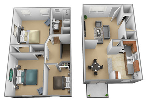 Floor plan for 3 beds, 1 bath, 875 sqft