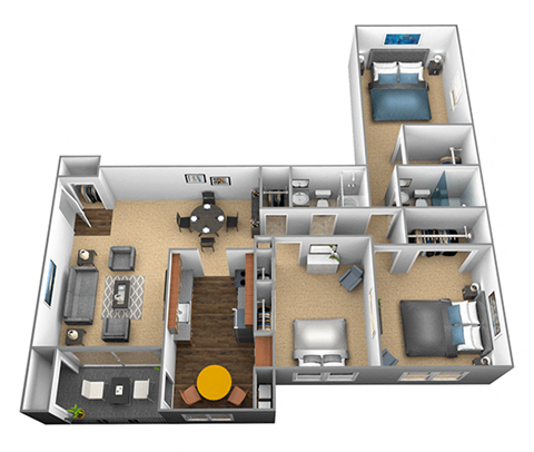 Floor plan for 3 beds, 2 baths, 1300 sqft