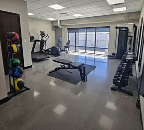 Grand Forks apartment for rent - A gym with a variety of equipment including weights, treadmills, and a squat rack.