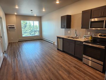 Grand Forks apartment for rent - A kitchen with dark wood floors and stainless steel appliances.