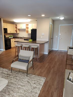 Grand Forks apartment for rent - A kitchen with a black fridge and white cabinets.