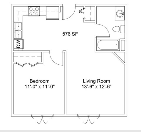 Floor plan for 1 bed, 1 bath, 576 sqft