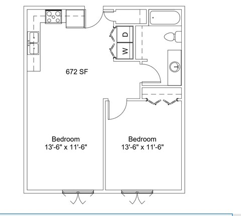 Floor plan for 1 bed, 1 bath, 672 sqft