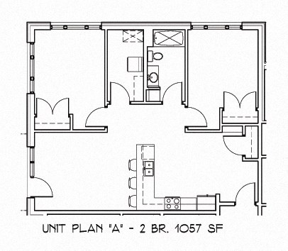 Floor plan for 2 beds, 1 bath, 1057 sqft