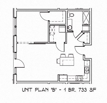 Floor plan for 1 bed, 1 bath, 733 sqft