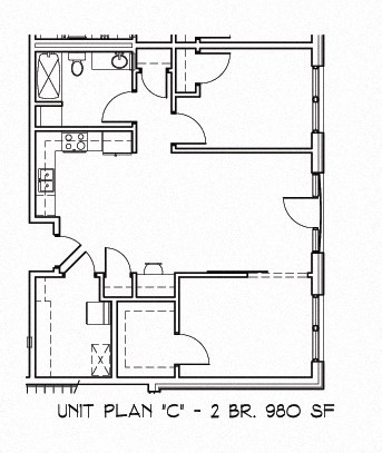 Floor plan for 2 beds, 1 bath, 980 sqft