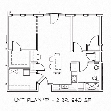 Floor plan for 2 beds, 1 bath, 980 sqft