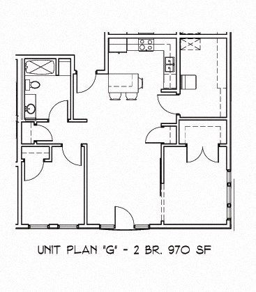 Floor plan for 2 beds, 1 bath, 970 sqft