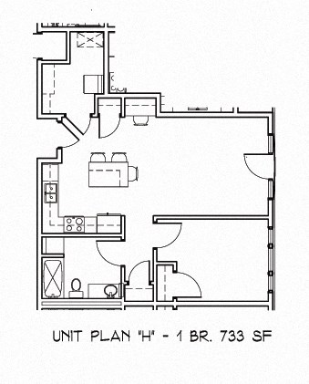 Floor plan for 1 bed, 1 bath, 733 sqft