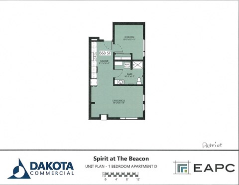 Floor plan for 1 bed, 1 bath, 663 sqft