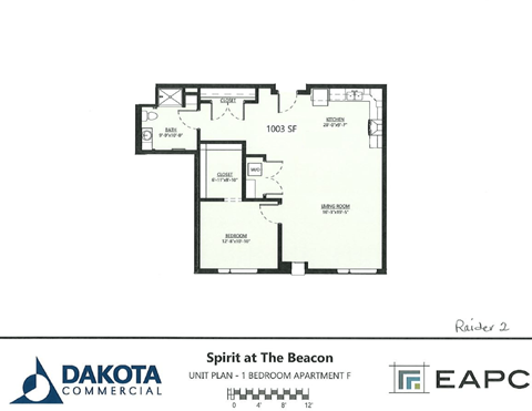 Floor plan for 1 bed, 1 bath, 1003 sqft
