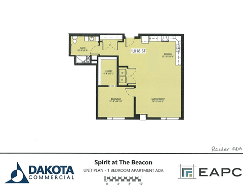 Floor plan for 1 bed, 1 bath, 1014 sqft